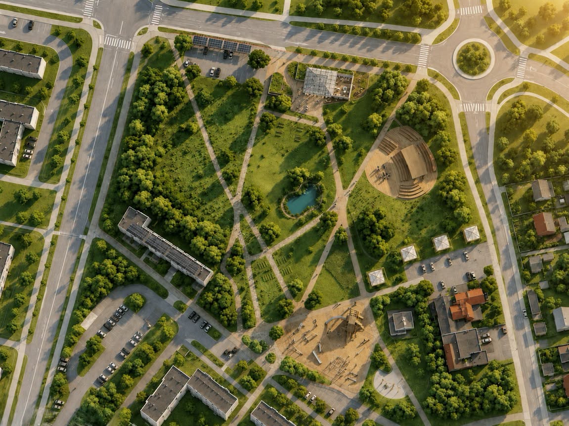 Wizualizacja z lotu ptaka pokazująca wielofunkcyjny park przy ul. Orląt Lwowskich